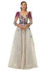 Homecoming Dresses Lace, A-Line V-Neck Lace Floor-Length Long Sleeve Open Back Beading Prom Dresses