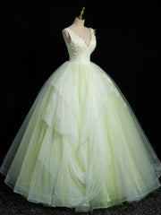 Formal Dresses Short, A-Line V Neck Lace Tulle Green Long Prom Dress, Green Sweet 16 Dress