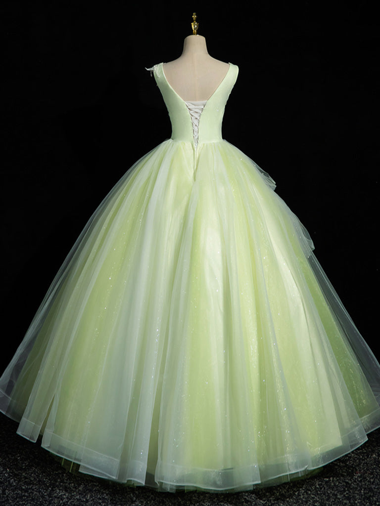 Formal Dresses Cheap, A-Line V Neck Lace Tulle Green Long Prom Dress, Green Sweet 16 Dress