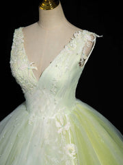 Formal Dresses Classy, A-Line V Neck Lace Tulle Green Long Prom Dress, Green Sweet 16 Dress