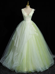 Formal Dress Trends, A-Line V Neck Lace Tulle Green Long Prom Dress, Green Sweet 16 Dress