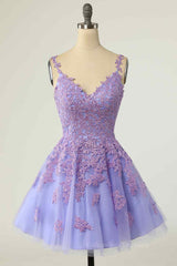 Bridesmaid Dress Peach, A-line V Neck Lace-Up Applique Mini Homecoming Dress