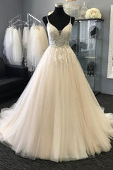 Wedding Dresses Sales, A Line V Neck Light Champagne Lace Prom Dresses, Light Champagne Lace Wedding Formal Dresses