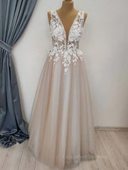 Wedding Dress For Bride, A Line V Neck Long Champagne Lace Wedding Dresses, Champagne Lace Long Formal Prom Dresses