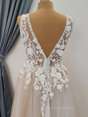 Wedding Dresses For Bride, A Line V Neck Long Champagne Lace Wedding Dresses, Champagne Lace Long Formal Prom Dresses