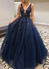 Party Dress Australia, A-line V Neck Long/Floor-Length Lace Tulle Prom Dress With Appliqued