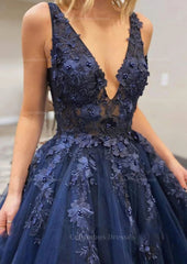 Party Dresses With Sleeves, A-line V Neck Long/Floor-Length Lace Tulle Prom Dress With Appliqued