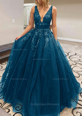 Party Dress Fall, A-line V Neck Long/Floor-Length Lace Tulle Prom Dress With Appliqued
