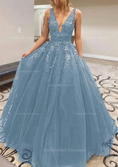Party Dresses Fall, A-line V Neck Long/Floor-Length Lace Tulle Prom Dress With Appliqued