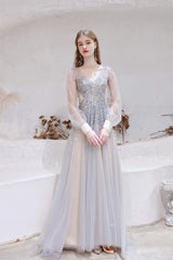 Wedding Guest Outfit, A Line V-Neck Long Sleeve Beading Tulle Court Train Prom Dresses