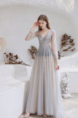 Gown, A Line V-Neck Long Sleeve Beading Tulle Court Train Prom Dresses