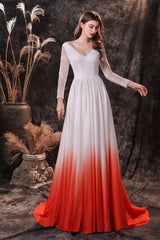 Party Dress And Gown, A Line V-Neck Long Sleeve Ombre Silk Like Satin Sweep Train Prom Dresses