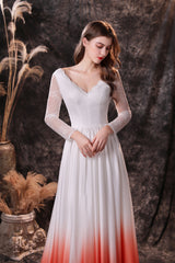 Party Dress Lady, A Line V-Neck Long Sleeve Ombre Silk Like Satin Sweep Train Prom Dresses