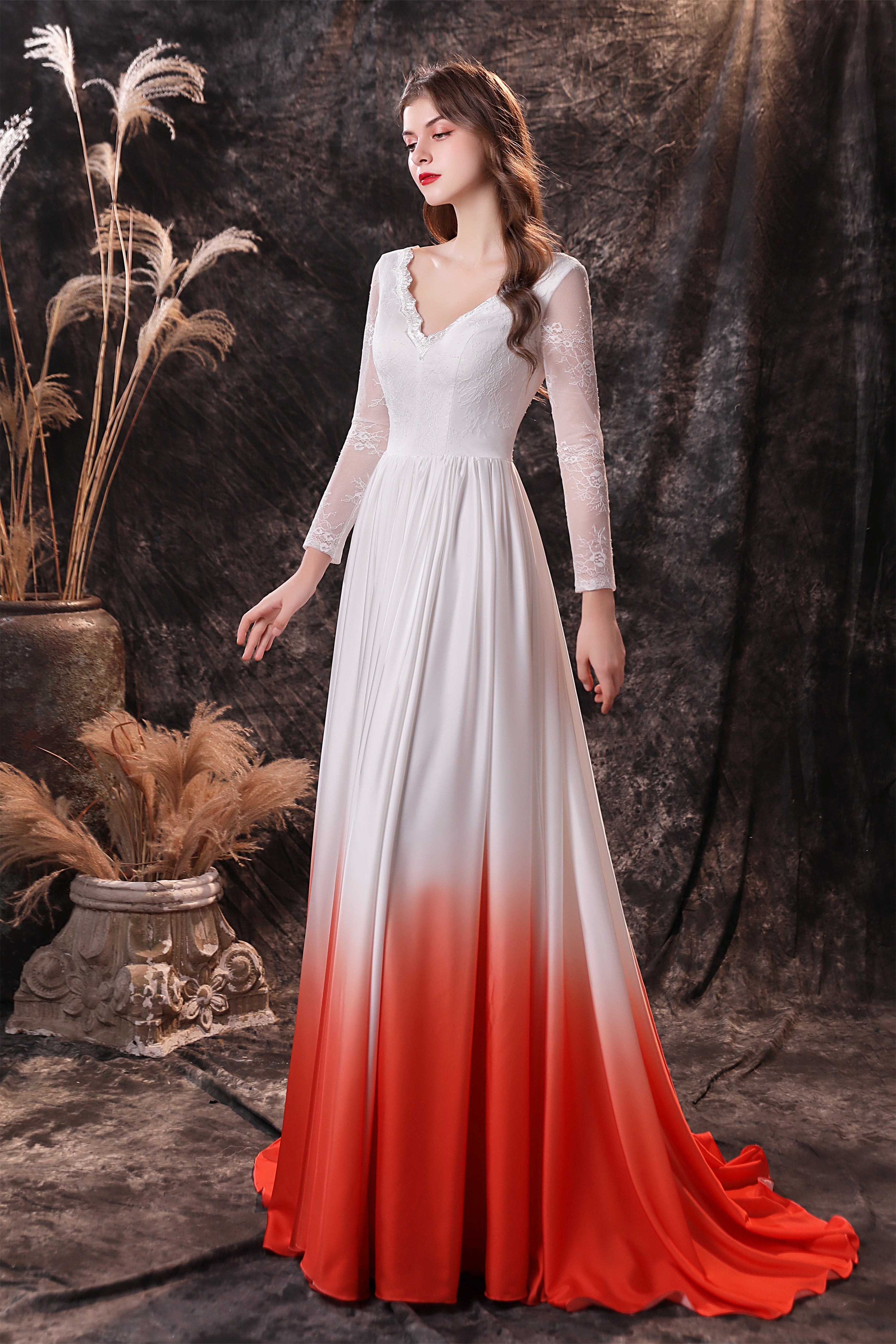 Party Dress Ladies, A Line V-Neck Long Sleeve Ombre Silk Like Satin Sweep Train Prom Dresses