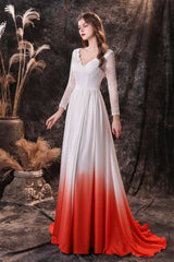 Party Dress Ladies, A Line V-Neck Long Sleeve Ombre Silk Like Satin Sweep Train Prom Dresses