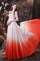 Party Dress For Teen, A Line V-Neck Long Sleeve Ombre Silk Like Satin Sweep Train Prom Dresses