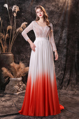 Party Dress Prom, A Line V-Neck Long Sleeve Ombre Silk Like Satin Sweep Train Prom Dresses