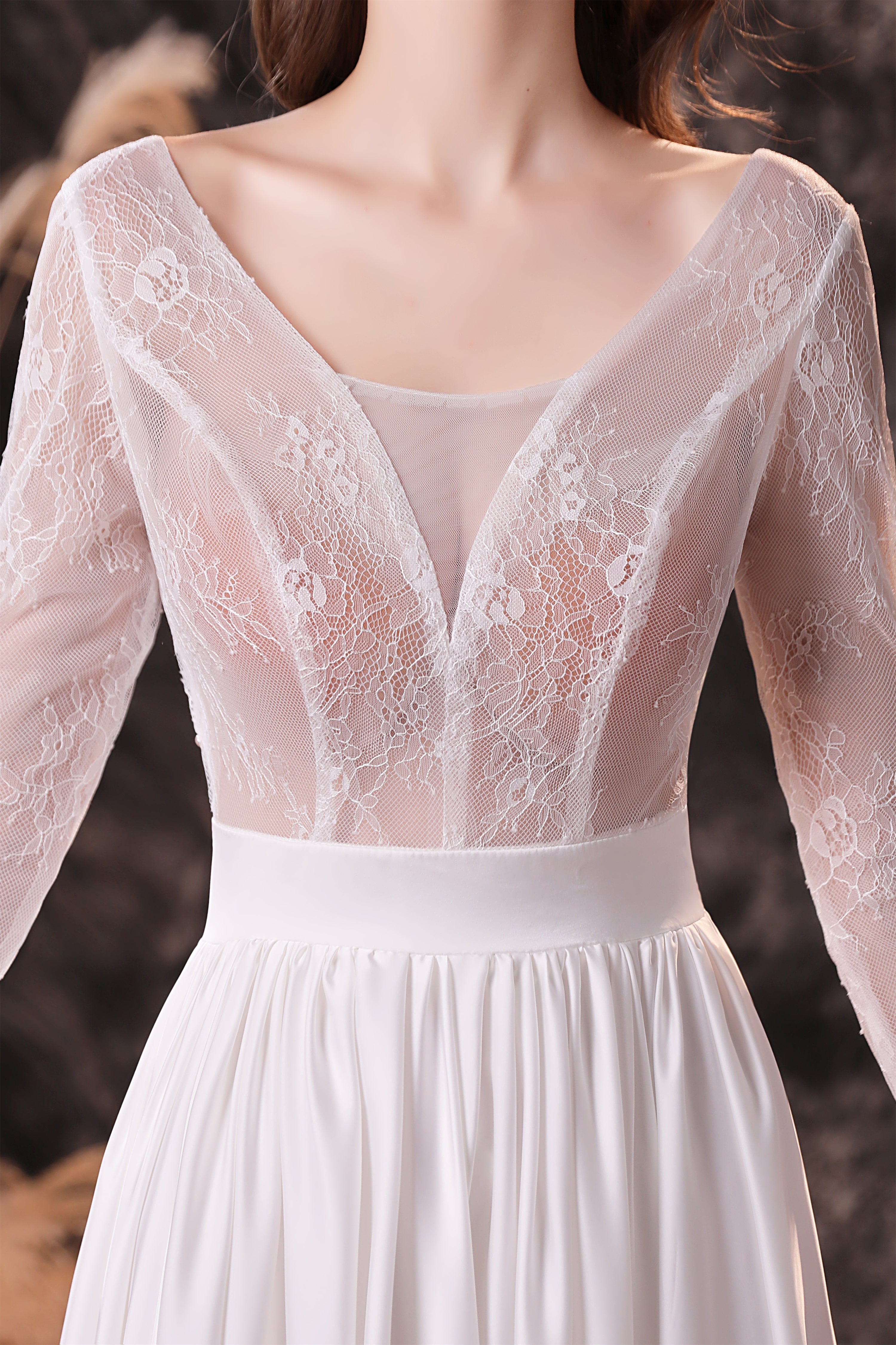 Party Dresse Idea, A Line V-Neck Long Sleeve Ombre Silk Like Satin Sweep Train Prom Dresses
