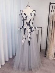 Unique Prom Dress, A-line V-neck Long Sleeves Appliques Lace Floor-Length Tulle Dress