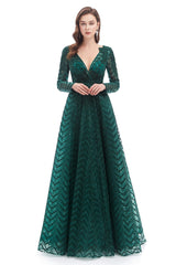 Prom Dress Aesthetic, A-Line V Neck Long Sleeves Lace Long Prom Dresses