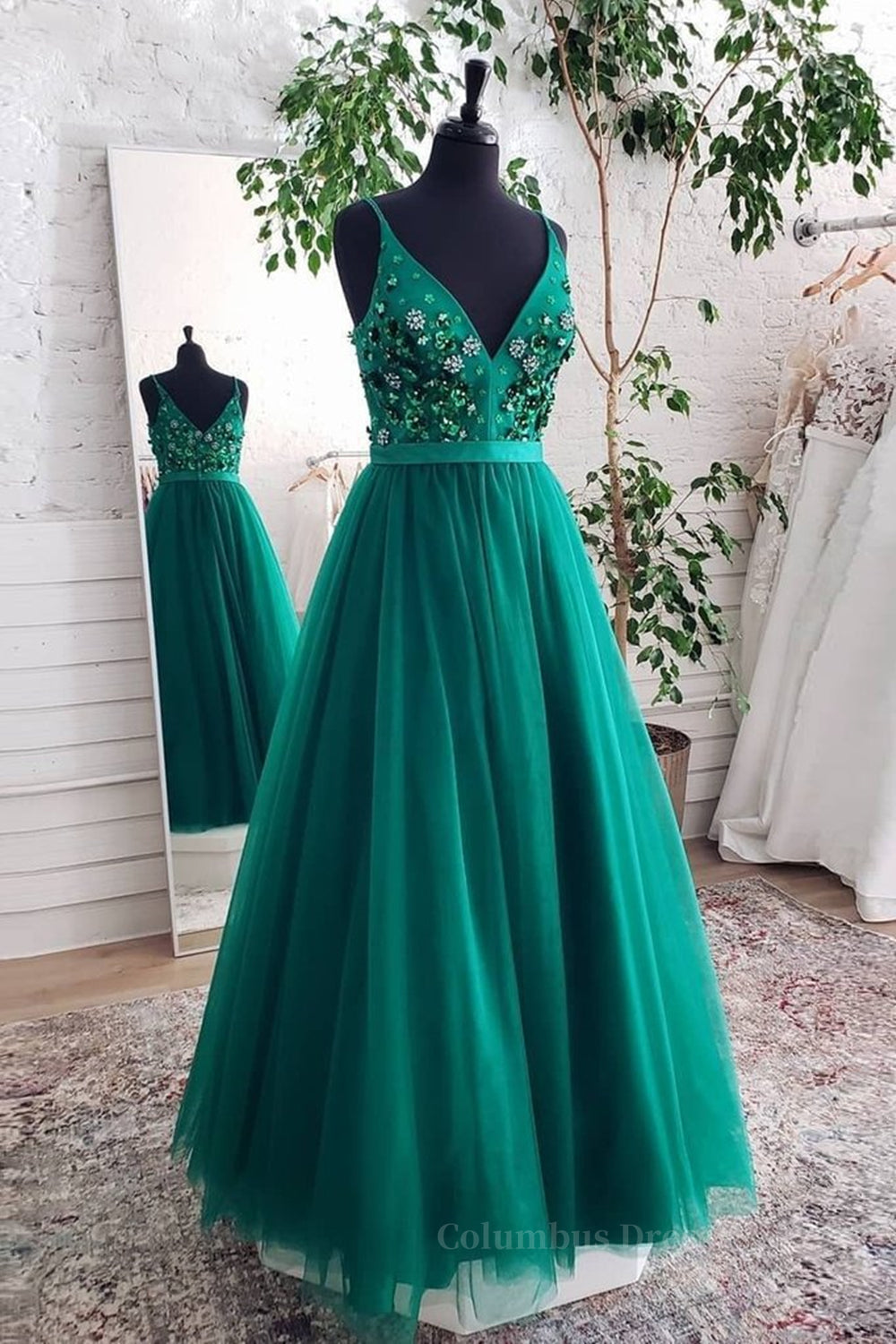 Party Dresses For 51 Year Olds, A Line V Neck Open Back Green Floral Long Prom Dresses, Open Back Green Formal Evening Dresses