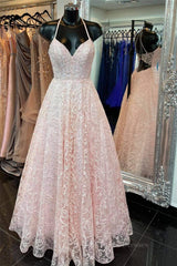 Dinner Outfit, A Line V Neck Open Back Pink Lace Long Prom Dress, Pink Lace Formal Graduation Evening Dress