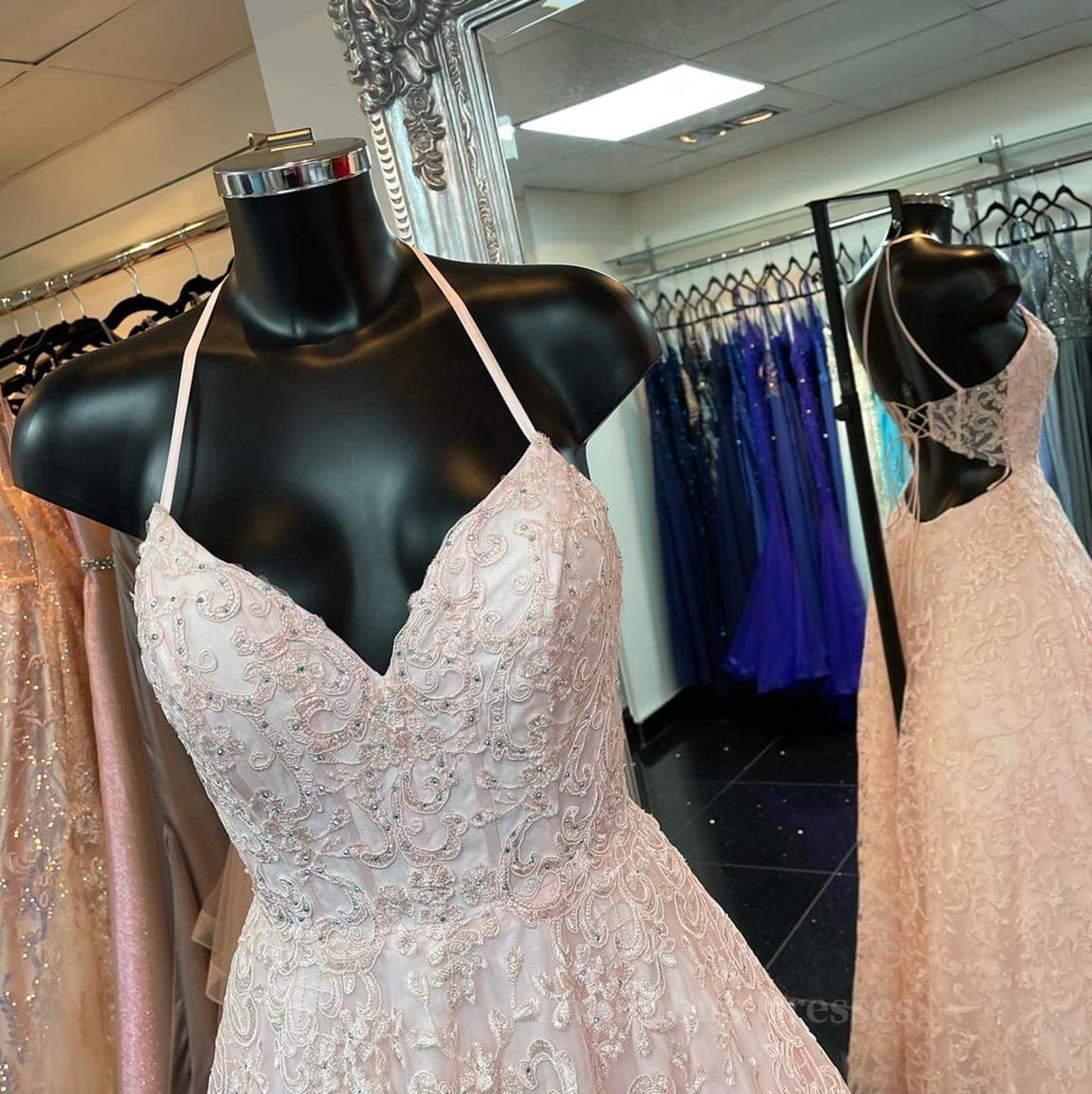Party Dress Short Tight, A Line V Neck Open Back Pink Lace Long Prom Dress, Pink Lace Formal Graduation Evening Dress