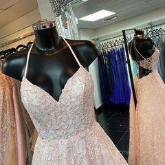 Party Dress Short Tight, A Line V Neck Open Back Pink Lace Long Prom Dress, Pink Lace Formal Graduation Evening Dress