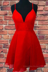 Party Dress Man, A Line V Neck Open Back Red Short Prom Dress, Backless Red Homecoming Dress