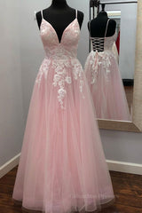 Party Dresses Australia, A Line V Neck Pink Lace Floral Long Prom Dress, Pink Lace Formal Dress, Pink Evening Dress