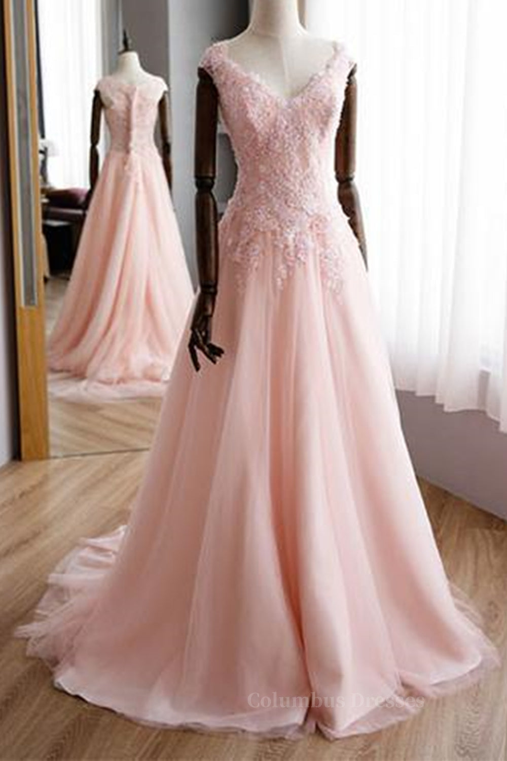 Formal Dress Stores, A Line V Neck Pink Lace Long Prom Dresses, Pink Lace Formal Graduation Evening Dresses