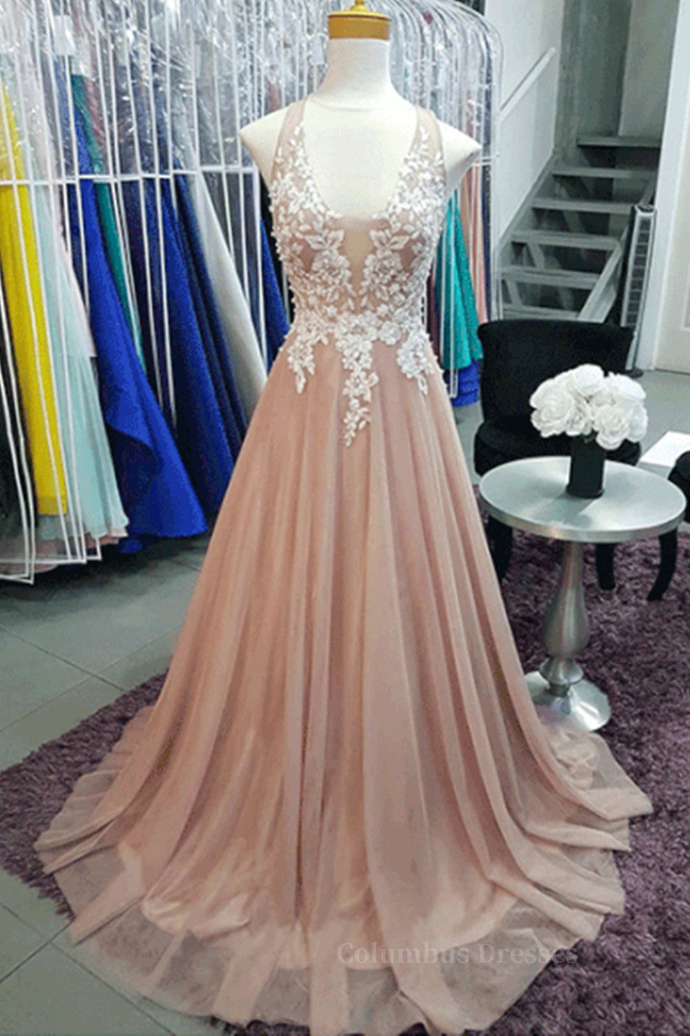 Black Long Dress, A Line V Neck Pink Lace Long Prom Dresses, V Neck Pink Formal Dresses, Pink Lace Evening Dresses