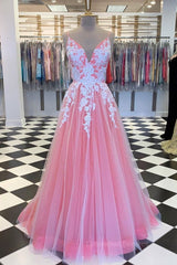 Prom Dresses White And Gold, A Line V Neck Pink Long Prom Dress with Lace Appliques, V Neck Pink Formal Dress, Pink Evening Dress