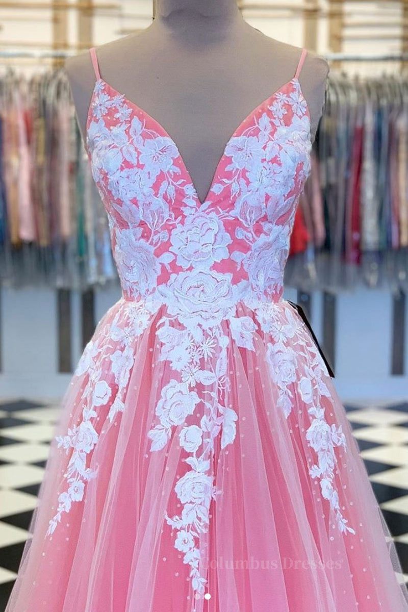 Prom Dresses Brown, A Line V Neck Pink Long Prom Dress with Lace Appliques, V Neck Pink Formal Dress, Pink Evening Dress