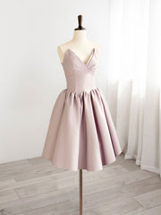 Pleated Dress, A-Line V  Neck Pink Short Prom Dress, Pink Homecoming Dresses