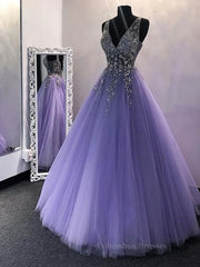 Formal Dress Vintage, A Line V Neck Purple Beaded Long Prom Dresses, Lilac Long Formal Evening Dresses with Beadings