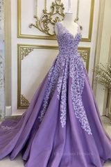 Formal Dresses Long Sleeved, A Line V Neck Purple Long Prom Dresses with Lace Appliques, V Neck Purple Formal Evening Dresses