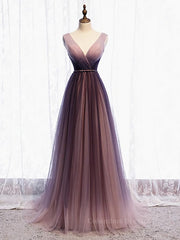 Prom Dresses Tulle, A Line V Neck Purple Ombre Prom Dresses, V Neck Purple Ombre Formal Evening Bridesmaid Dresses