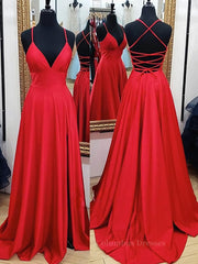 Evening Dresses Store, A Line V Neck Red Backless Long Prom Dresses, Red A Line V Neck Open Back Formal Evening Dresses