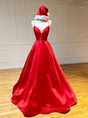 Prom Dresses Outfits Fall Casual, A Line V Neck Red Backless Prom Dresses, Red Backless Long Formal Evening Graduation Dresses