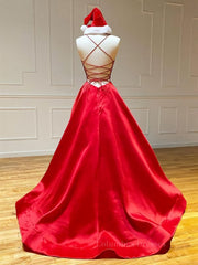 Prom Dress Silk, A Line V Neck Red Backless Prom Dresses, Red Backless Long Formal Evening Graduation Dresses
