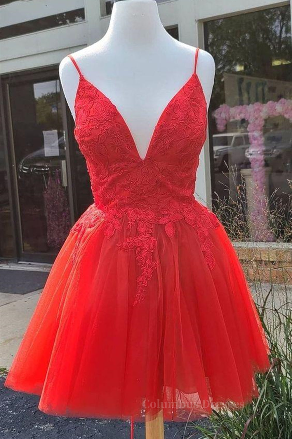 White Prom Dress, A Line V Neck Red Lace Short Prom Dress, Red Lace Homecoming Dress
