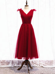 Prom Dresses Sage Green, A Line V Neck Red Tea Length Prom Dress with Corset Back, Red Tea Length Formal Graduation Dresses