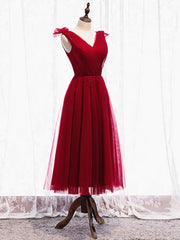 Prom Dresses Orange, A Line V Neck Red Tea Length Prom Dress with Corset Back, Red Tea Length Formal Graduation Dresses