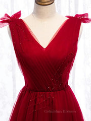 Prom Dresses 2055 Black Girl, A Line V Neck Red Tea Length Prom Dress with Corset Back, Red Tea Length Formal Graduation Dresses