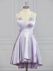 Homecomming Dress Vintage, A-line V-neck Ruffles Short/Mini Elastic Woven Satin Dress