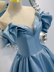 Prom Dress Under 204, A-Line V Neck Satin Blue Long Prom Dress, Blue Formal Evening Dresses