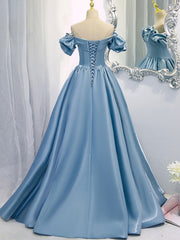 Prom Dresses 2024, A-Line V Neck Satin Blue Long Prom Dress, Blue Formal Evening Dresses