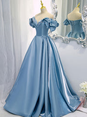 Prom Dresses Ideas, A-Line V Neck Satin Blue Long Prom Dress, Blue Formal Evening Dresses
