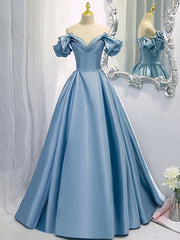 Prom Dress Prom Dress, A-Line V Neck Satin Blue Long Prom Dress, Blue Formal Evening Dresses